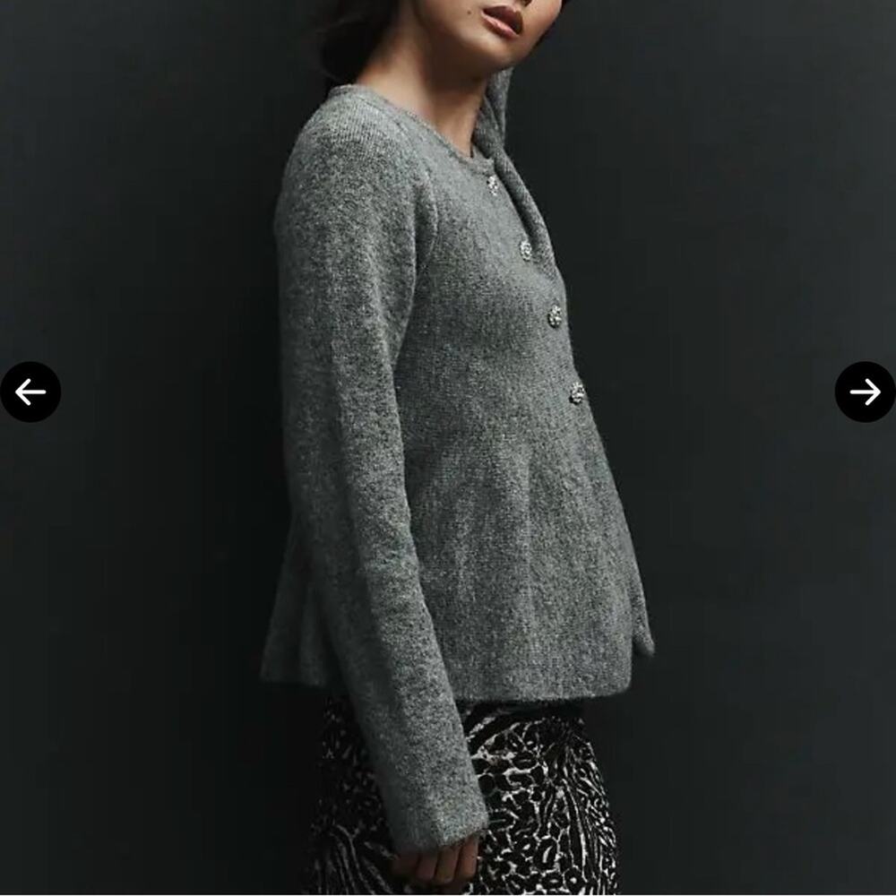 Maeve Gray Knit crystal button peplum cardigan Sweater size XS